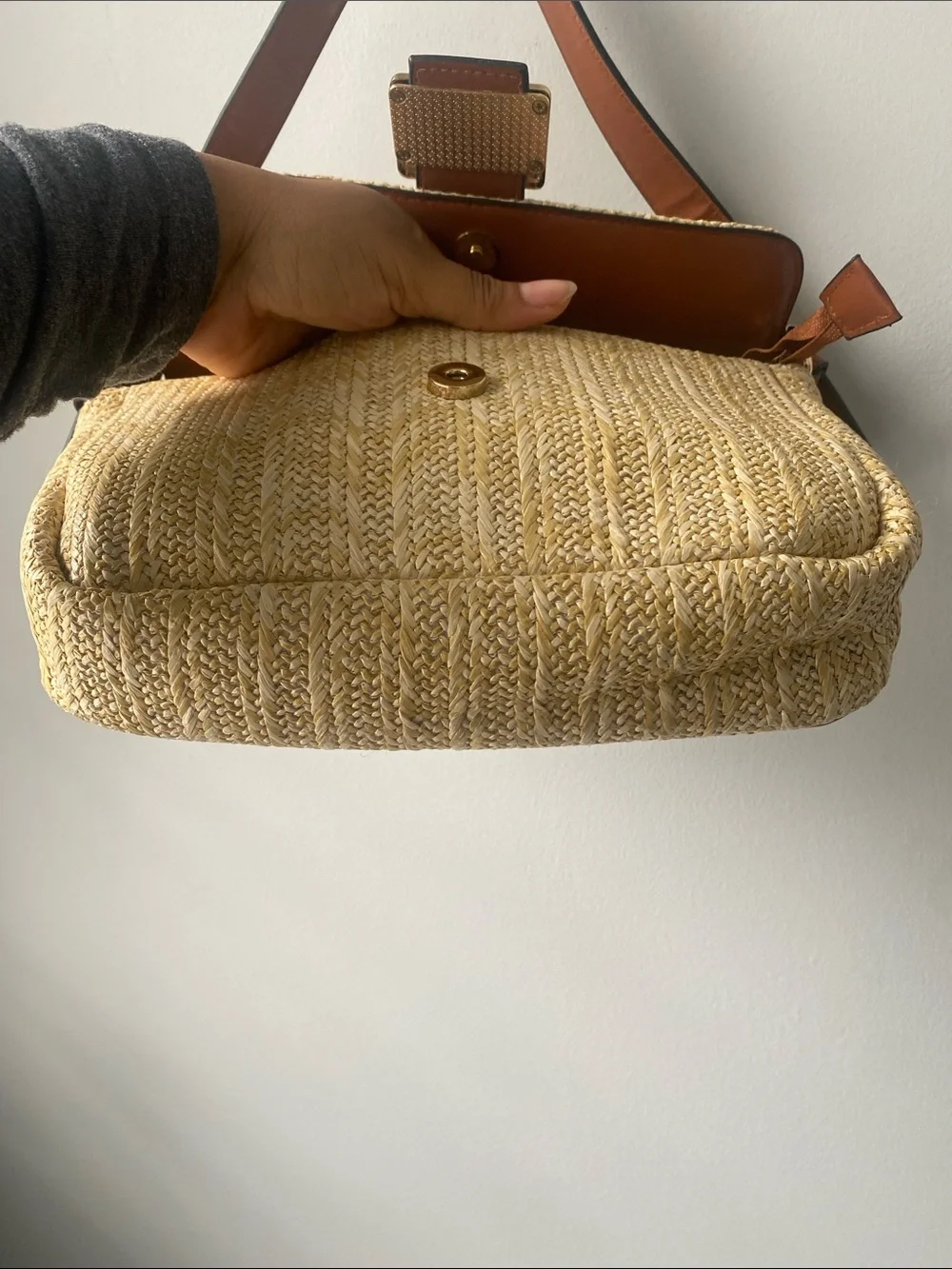 Woven Straw Shoulder Bag with Brown Leather Trim - Picture 8 of 10